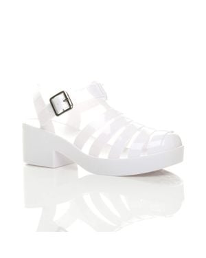 AJVANI Mid Block Heel Fisherman Gladiator Jelly Sandals - White
