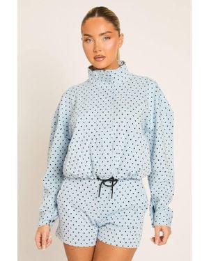 Rebellious Fashion High Neck Zip Up Jacket & Shorts Co-Ord Set - Blue