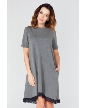 Love Lace Lace Trim Short Sleeve Trapeze Dress - Grey