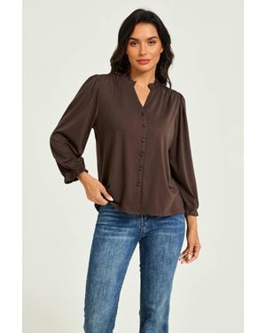 FS Collection Frill Neck Long Sleeve Jersey Blouse - Brown
