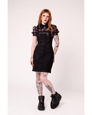 Hell Bunny Raye Denim-Look Pinafore Dress D-Ring Pockets & Adjustable Straps - Black