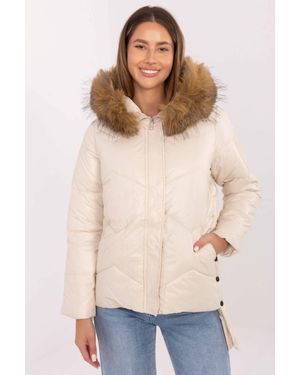 Love Lace Quilted Down Jacket With Detachable Fur Hood - Natural