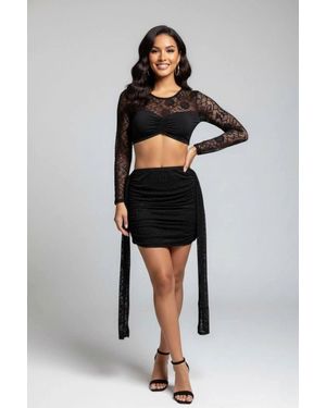 Stylewise Lace Top & Drape Detail Mini Skirt Co-Ord - Black