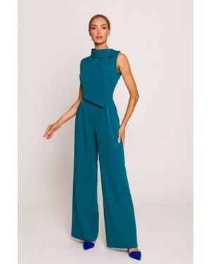 Love Lace Collared Sleeveless Wide Leg Jumpsuit With Zip - Blue