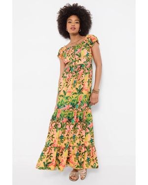 Joe Browns Printed Maxi Dress With Square Neckline, Puff Sleeves & Ladder Trim - Yellow