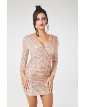 LuvForever Fashion Long Sleeve Ruched Sequin Mini Dress - Natural