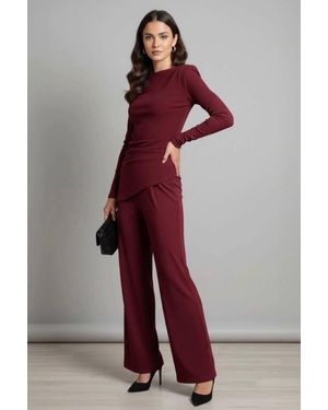 Stylewise Asymmetric Padded Shoulder Top & Wide Leg Trouser Co-Ord - Red
