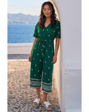 Roman Petite Aztec Print Belted Jumpsuit - Green