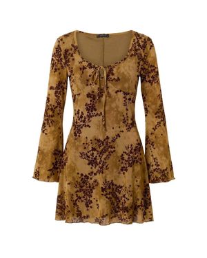 WOVCOR Scoop Neck Long Sleeve Mini Skater Dress - Brown