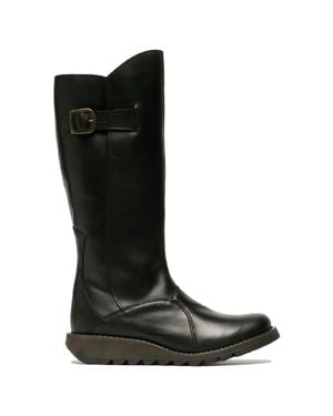 TruClothing Wedge Heel Buckle Side Zip Knee High Leather Boots - Black