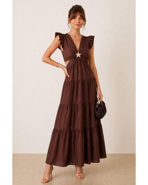 Style Cheat Indie Cut Out Frill Maxi Dress - Brown