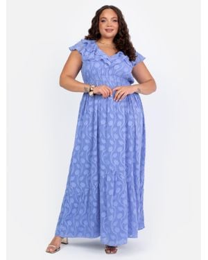 Lovedrobe Ruffle V Neck Floral Burn Out Maxi Dress - Blue