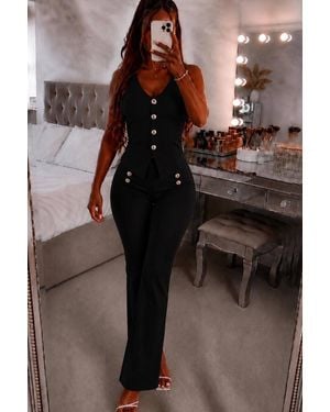 Stylewise Button Waistcoat Top & Wide Leg Trouser Co-Ord Set - Black