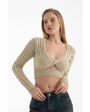 Hiccup Scoop Neck Knitted Cut Out Long Sleeve Crochet Blouse - Natural