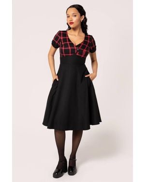 Hell Bunny Janine Tartan 50S Style Fit & Flare Dress With Button Bust & Pockets - Black
