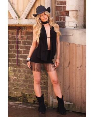 Rebellious Fashion Fringed Mini Skirt Co-Ord Set - Brown