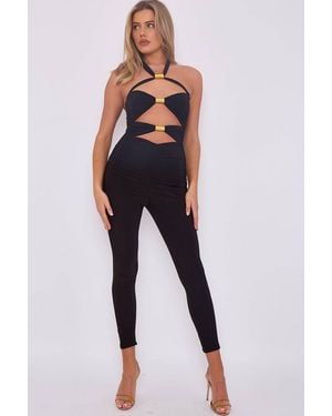 Stylewise Spring Coil Cut Out Halter Neck Bodycon Jumpsuit - Blue