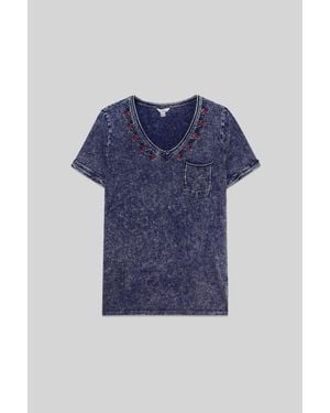 Enorsia Washed Embroidered V-Neck T-Shirt - Blue