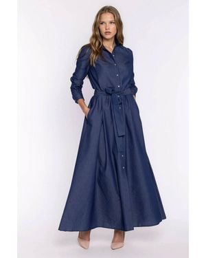 Love Lace Cotton Collared Long Sleeve Dress - Blue