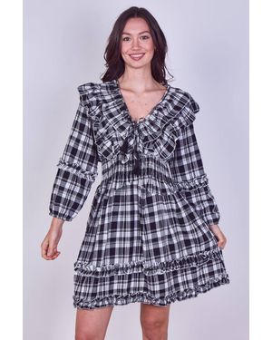 ELAINA FASHION Frill Detail Check Smock Dress - Black