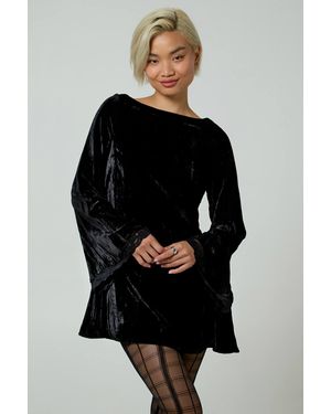 Neon Rose Velvet Bell Sleeve Lace Trim Boat Neck Mini Dress - Black