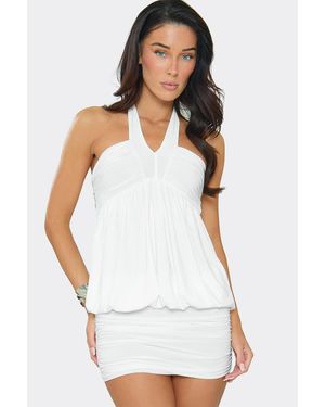 EGO Blouson Style Sleeveless Ruched Mini Dress - White