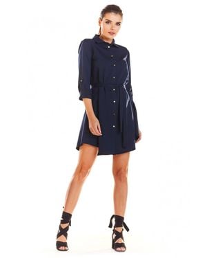 Love Lace Collared Long Sleeve Buttoned Dress With Buttons - Blue