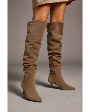 LARANGE Pointed Kitten Heel Ruched Half-Zip Knee-High Boots - Brown
