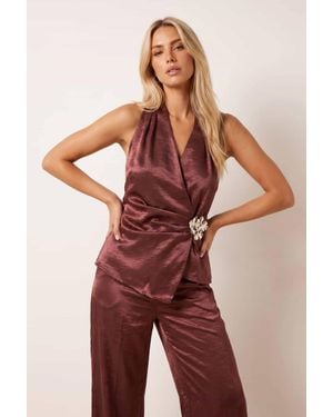 Style Cheat Pleat Detail Satin Trim Top - Red