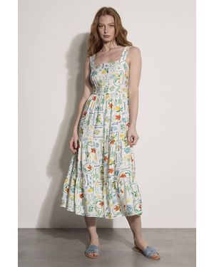 Apricot Postcard Print Tiered Midi Dress - Natural
