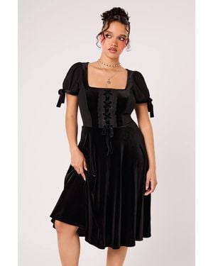 Hell Bunny Disenchanted Velvet Lace Up Puff Sleeve Midi Dress - Black
