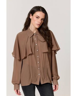 Liquorish Mocha Cape Detail Pleated Blouse - Brown