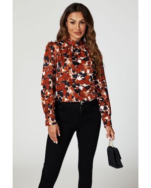 FS Collection Floral Print Long Sleeve High Neck Top - Red