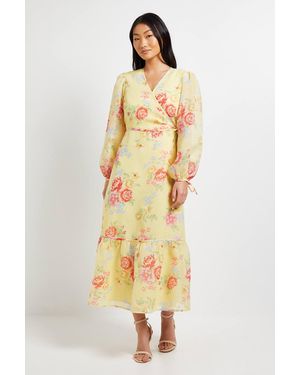 Dorothy Perkins Petite Printed Wrap Detail Blouson Sleeve Maxi Dress - Metallic