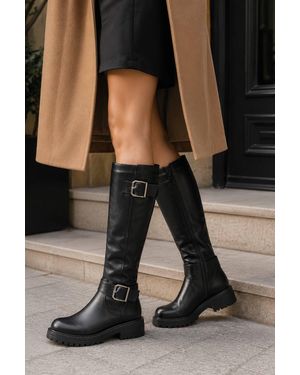 Spot on Buckle Detail Knee High Riding Boots - Black