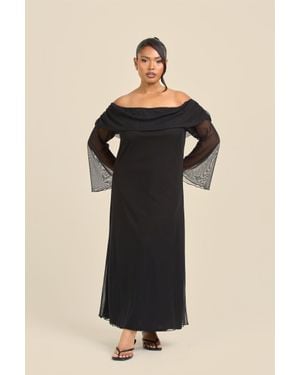 FASHION-SZN Curve Bardot Plain Mesh Midaxi Dress - Black