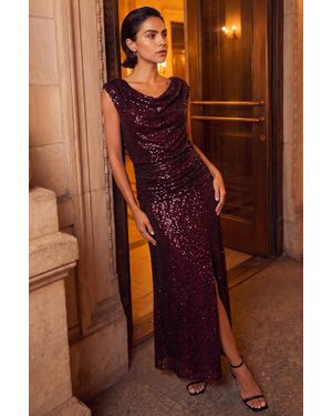 Roman Sequin Cowl Neck Maxi Stretch Dress - Brown