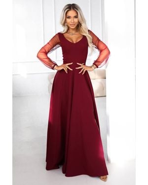 Love Lace Wedding Guest Tulle Long Sleeve Fit & Flare Dress - Red