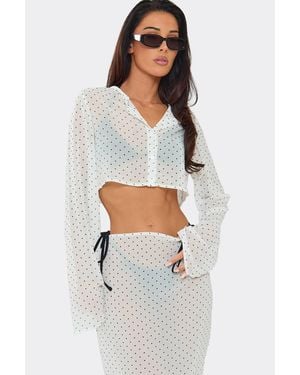 EGO Long Sleeve Button Chiffon Cropped Shirt - White