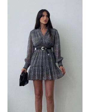 Hiccup Tulle V Neck Long Sleeve Mini A-Line Dress - Grey