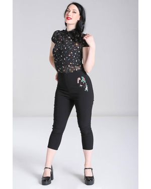 Hell Bunny Natalie Bengaline Stretch Capri Trousers Festive Embroidery Hem Detail - Black