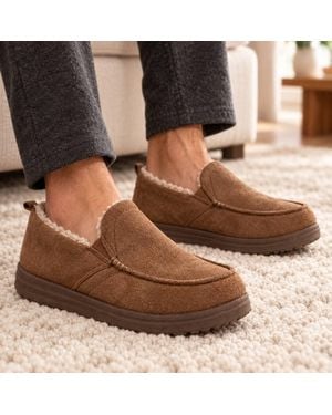 LARANGE Faux Suede Moccasin Slip-On Shoes With Fleece Lining - Brown