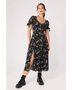 Hell Bunny Chrysalis Moth Floral Celestial Print Sweetheart Midi Dress - Black