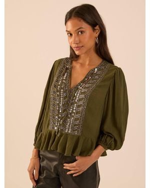 Rose & Nancy Hailey Khaki Frill Mirror Embellished Blouse - Green