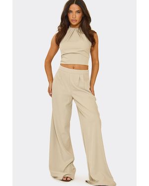 EGO Wide Leg Pleated Mid Rise Trousers - Natural