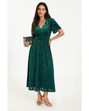 FS Collection Velvet Burnout V-Neck Angel Sleeve Midi Dress - Green