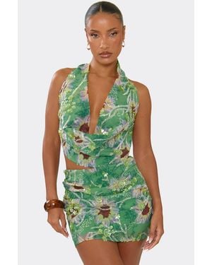 EGO Sleeveless Halter Neck Sequin Floral Top - Green