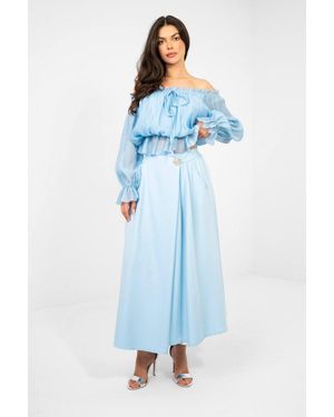 Love Lace Elastic Waist Pleated Midi Skirt With Pockets - Blue
