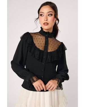 Hell Bunny Dark Knight Gothic Lace Frill Mesh Blouse - Black