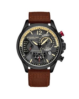 Stuhrling Cordura Quartz 45Mm Aviator Watch With Leather Strap - Black